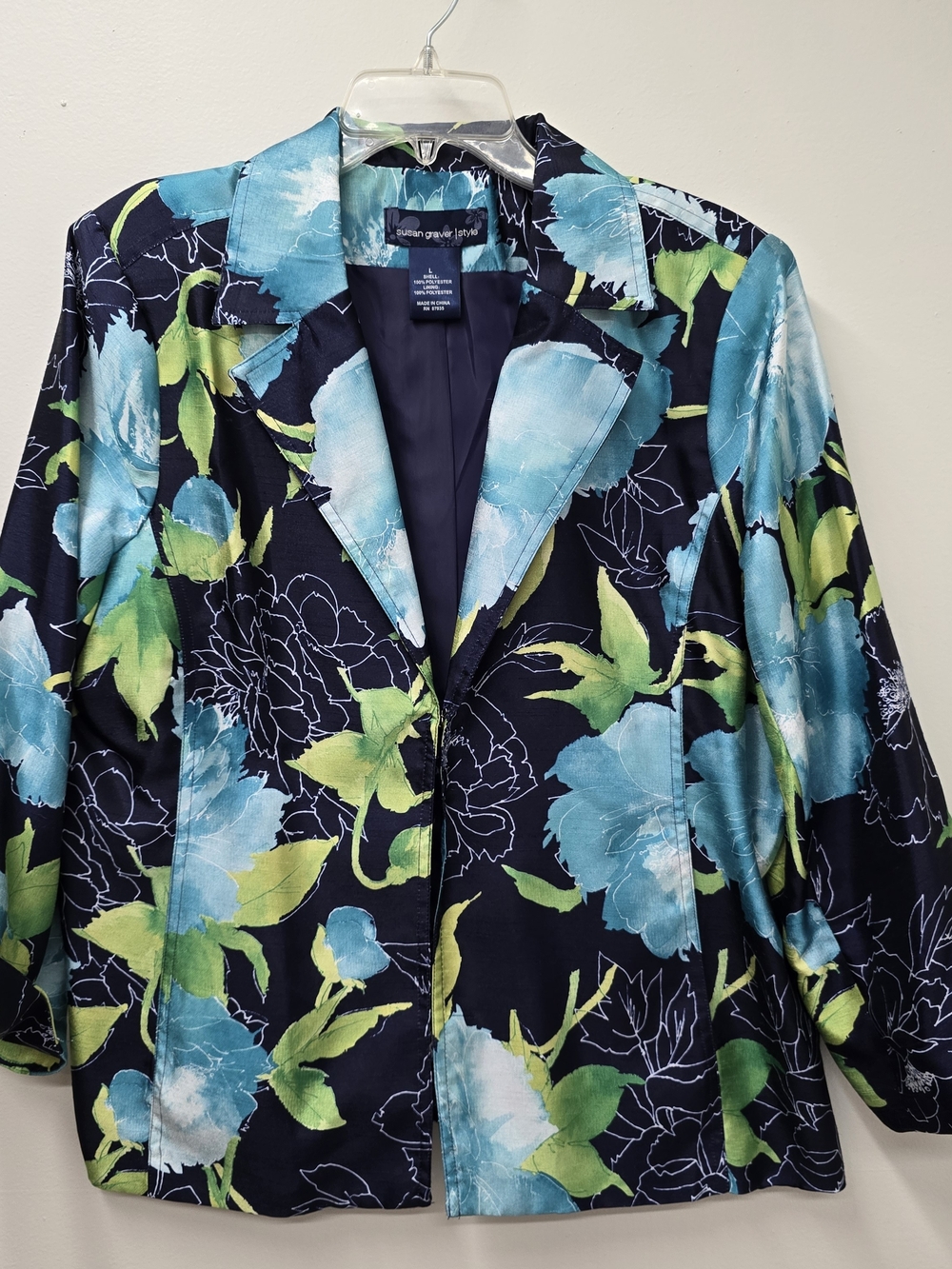 Susan Graver Navy Floral Blazer with Aqua and Green Print